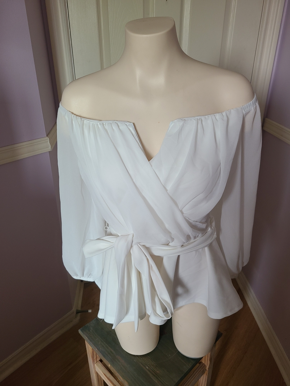 Off-Shoulder White Wrap Peplum Blouse with Tie Waist